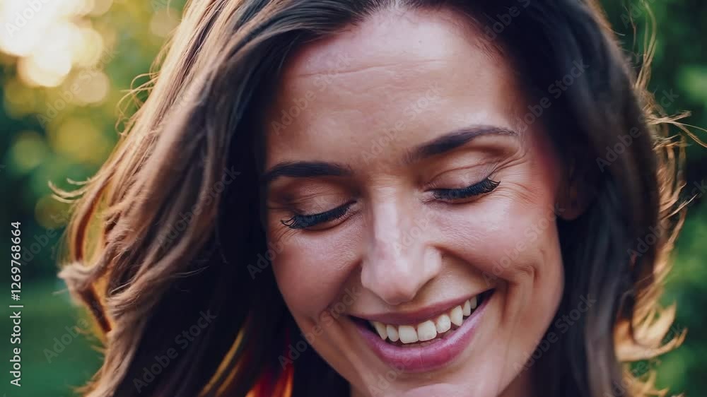 Slow Motion Headshot Close-Up of a Happy Woman in Nature – Soft Sunlight Illuminating Her Face, Gentle Breeze Moving Her Hair, Warm and Genuine Smile, Sparkling Eyes Full of Joy, Lush Greenery Slow Motion Headshot Close-Up of a Happy Woman in Nature – Soft Sunlight Illuminating Her Face, Gentle Breeze Moving Her Hair, Warm and Genuine Smile, Sparkling Eyes Full of Joy, Lush Greenery