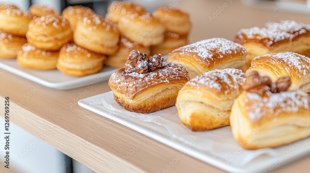 Delicious pastries on display, bakery counter, light background, food photography, website use Delicious pastries on display, bakery counter, light background, food photography, website use