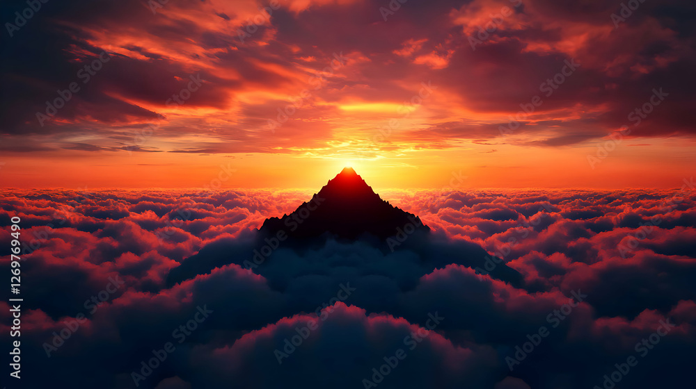 Fototapeta premium Dramatic Sunset Over Mountain Peak Emerging From Thick Cloudscape in Orange and Red Sky