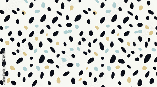 Abstract pattern with scattered black, blue, and beige teardrop shaped elements on white background, creating modern and decorative seamless design