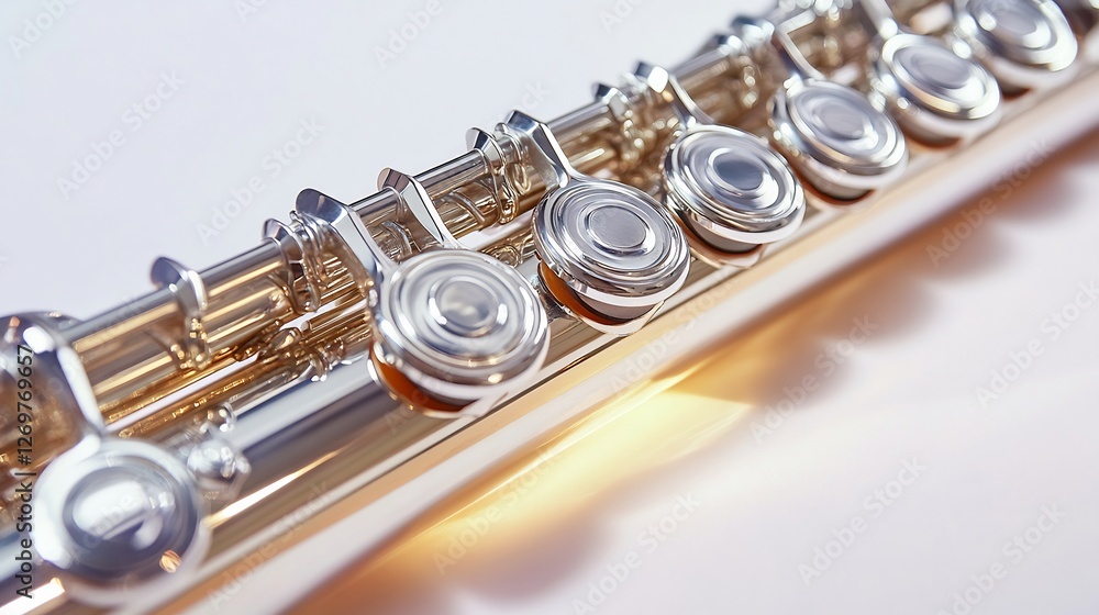 Fototapeta premium Close up of a flute with silver keys reflecting the light isolated on a white background