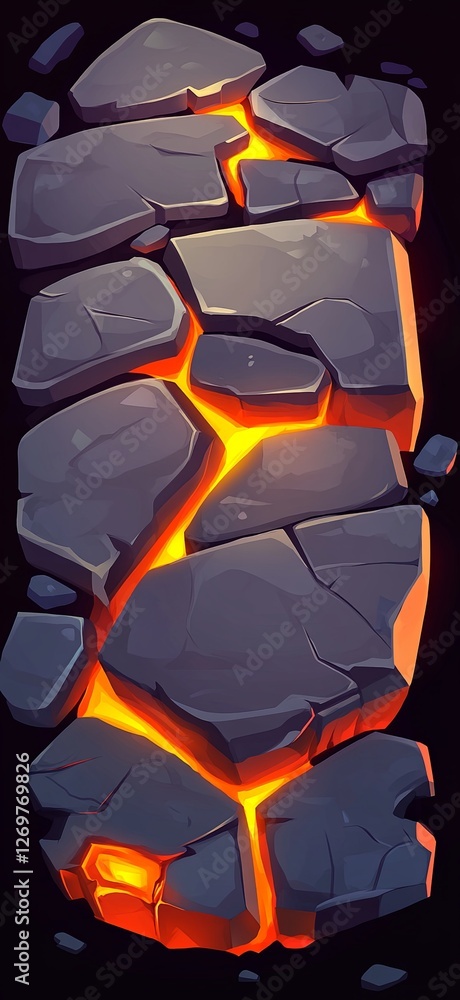 Fototapeta premium Cartoon Cracked Stone Path with Glowing Lava for Mobile Game Level Design