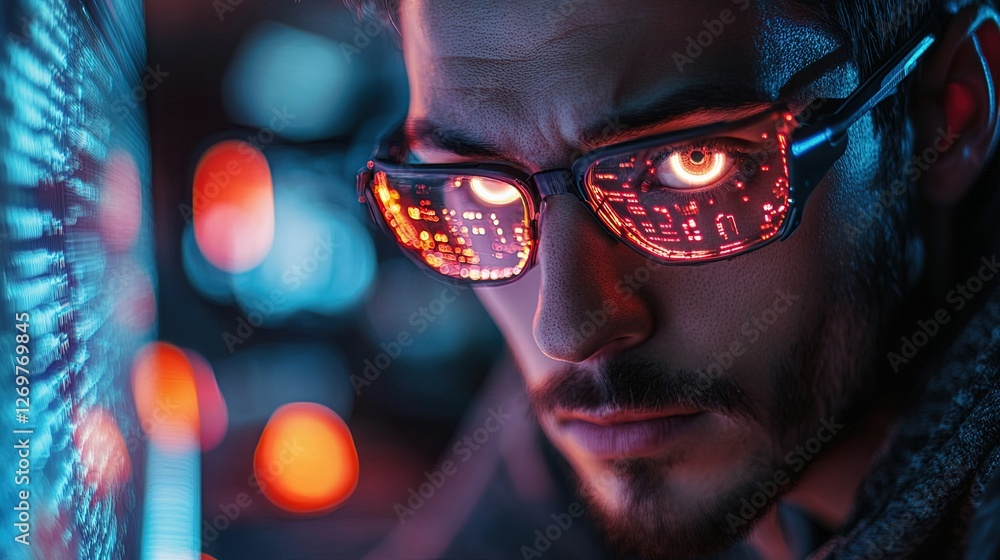 A cyberpunk hacker with neon-lit gadgets and glowing eyes, dark and edgy A cyberpunk hacker with neon-lit gadgets and glowing eyes, dark and edgy