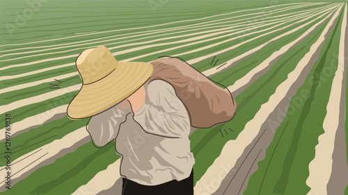 Labor migrant worker in hat with heavy bag on his shoulders, on a green plowed  field. Man who work hard in agricultural industry and who deserves protection of his rights.