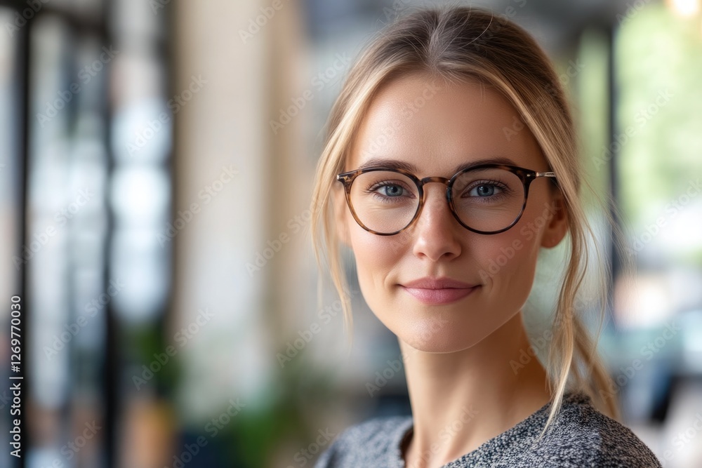 Smiling businesswoman in bright office space Smiling businesswoman in bright office space