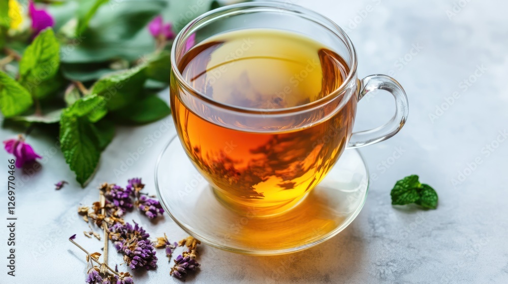 Cup of herbal tea with mint and lavender decoration Cup of herbal tea with mint and lavender decoration