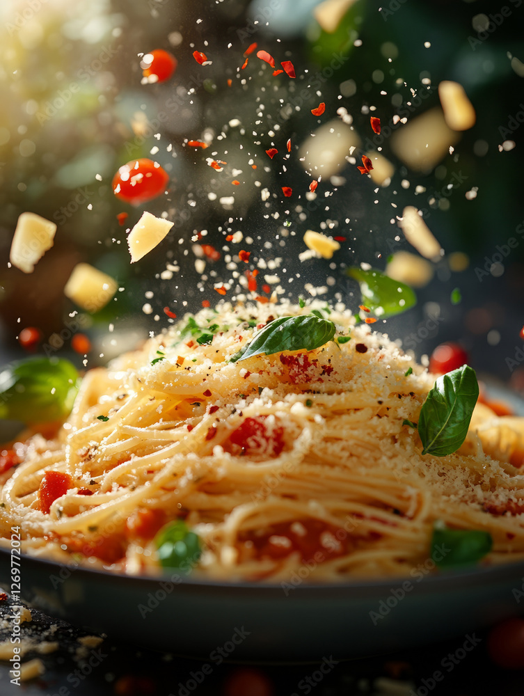 © SashaMagic - Spaghetti with tomatoes and herbs topped with grated cheese. © SashaMagic - Spaghetti with tomatoes and herbs topped with grated cheese.