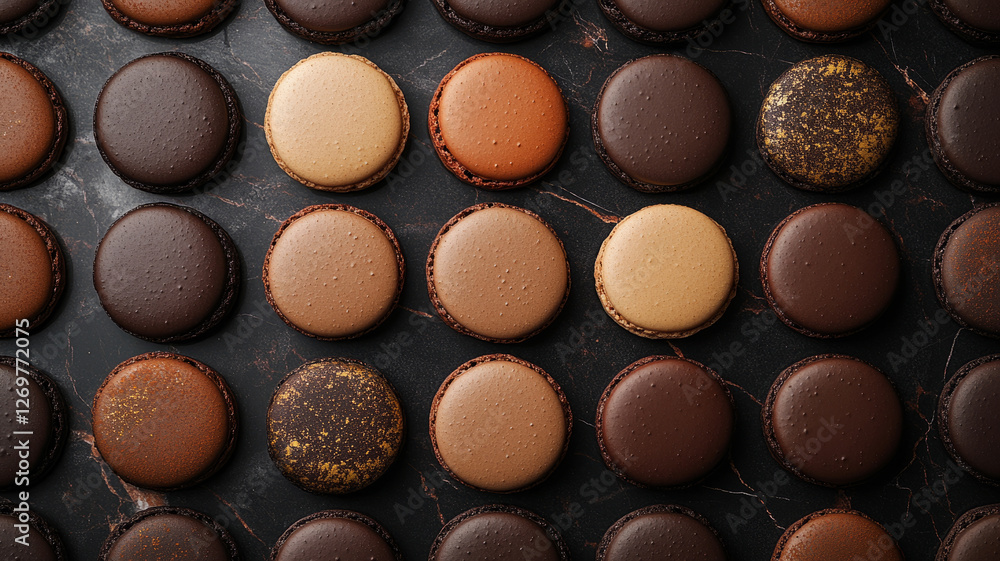 Rows of chocolate macarons on a dark background. Rows of chocolate macarons on a dark background.