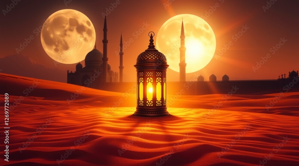 Obraz premium Glowing Lantern in Desert at Sunset with Mosque Silhouette