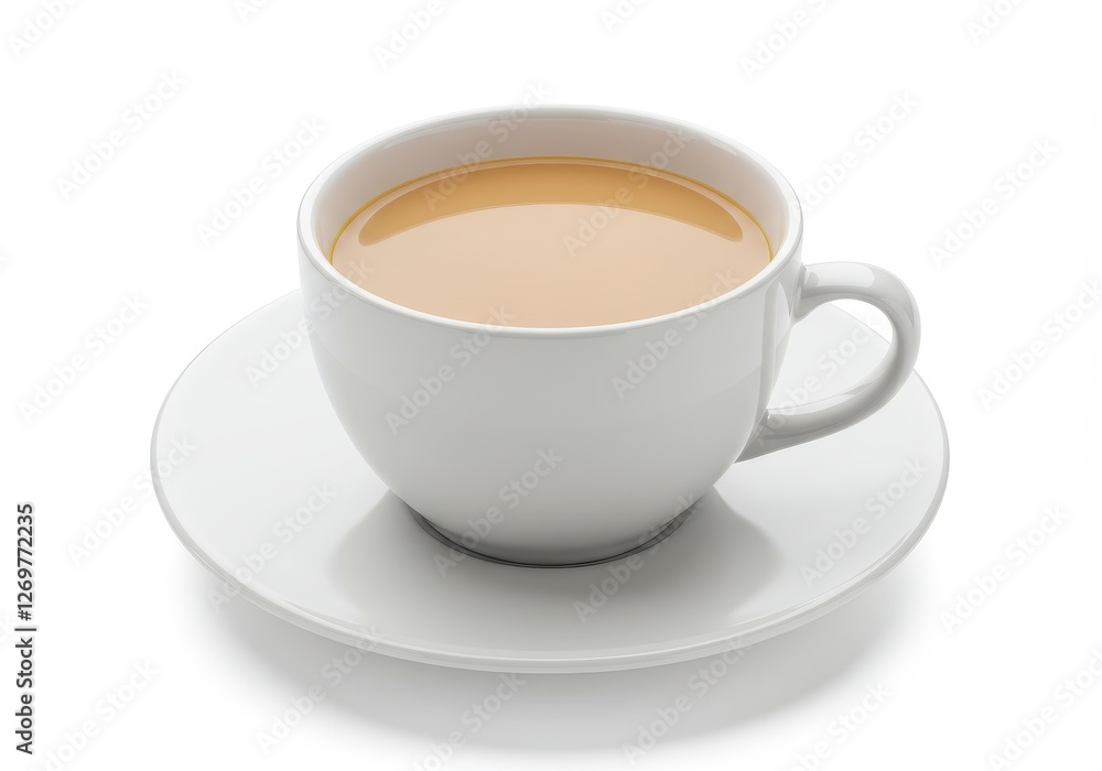 A white porcelain cup filled with milk tea placed on a matching saucer isolated on a white background A white porcelain cup filled with milk tea placed on a matching saucer isolated on a white background