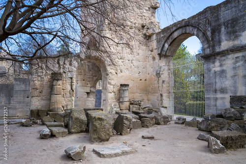 The remains of the ancient theater of Arles in Arles in Europe, France, Provence Alpes Cote d Azur, Bouches du Rhone, Arles, in summer, on a sunny day.