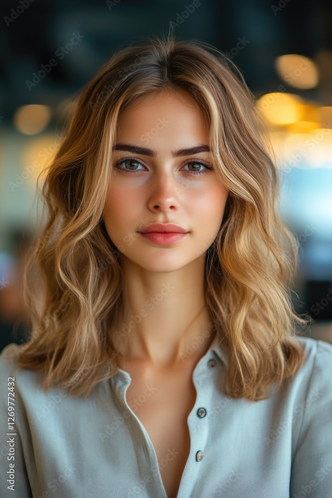 Casual businesswoman smiling in modern workspace Casual businesswoman smiling in modern workspace