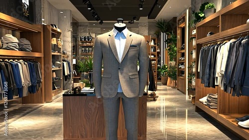 Modern menswear boutique interior; suit display; shopping