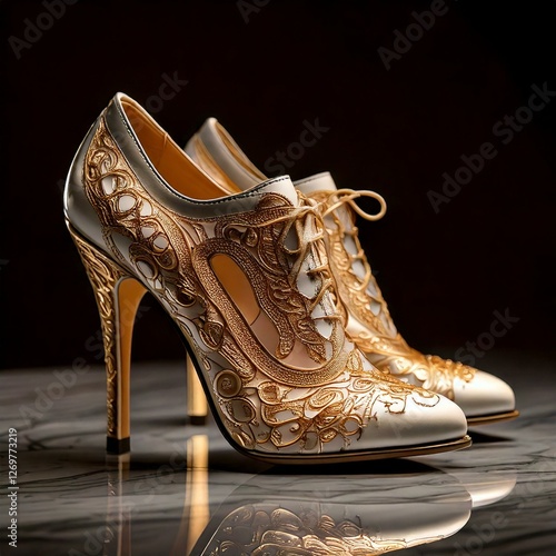 Elegant vintage-style leather women's heels with gold and silver threads photo