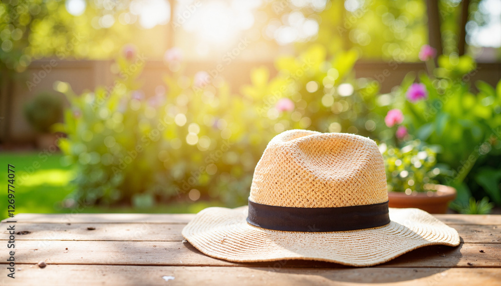 Gardening hat resting on wooden table in sunny backyard, serene gardening Gardening hat resting on wooden table in sunny backyard, serene gardening