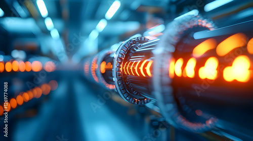 Fototapeta Naklejka Na Ścianę i Meble -  Fiber Optic Cables Glowing with Orange Light in a Blue Industrial Tunnel Data Transmission