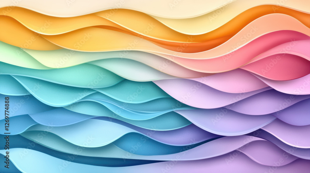 Fototapeta premium Colorful layered waves soft abstract design create tranquil and harmonious visual effect. smooth gradient transitions between pastel shades of blue, purple, pink, orange, and yellow enhance