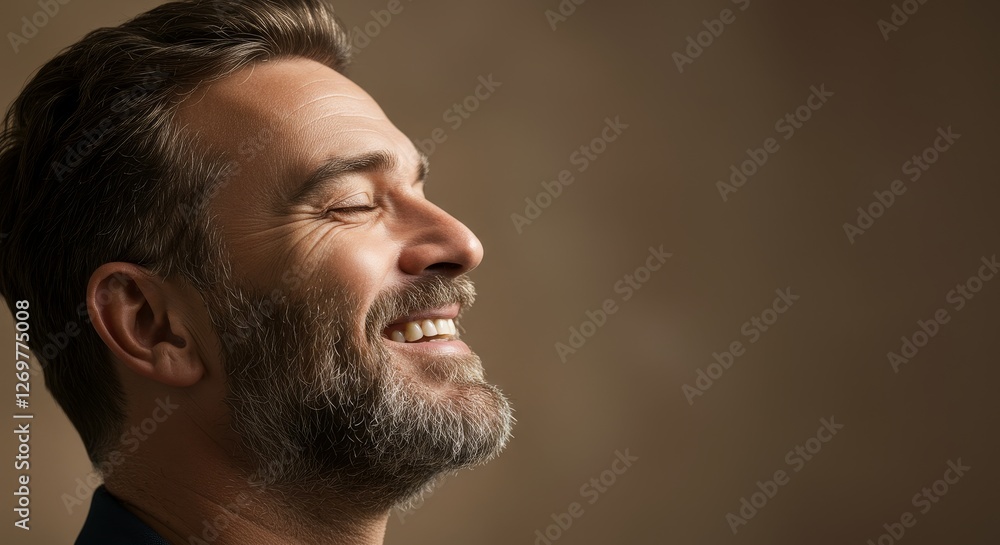 Obraz premium Happy man smiling with beard cheerful expression close up - A joyful man with a beard shows a cheerful smile, radiating positivity, confidence, and warmth, against a soft blurred background