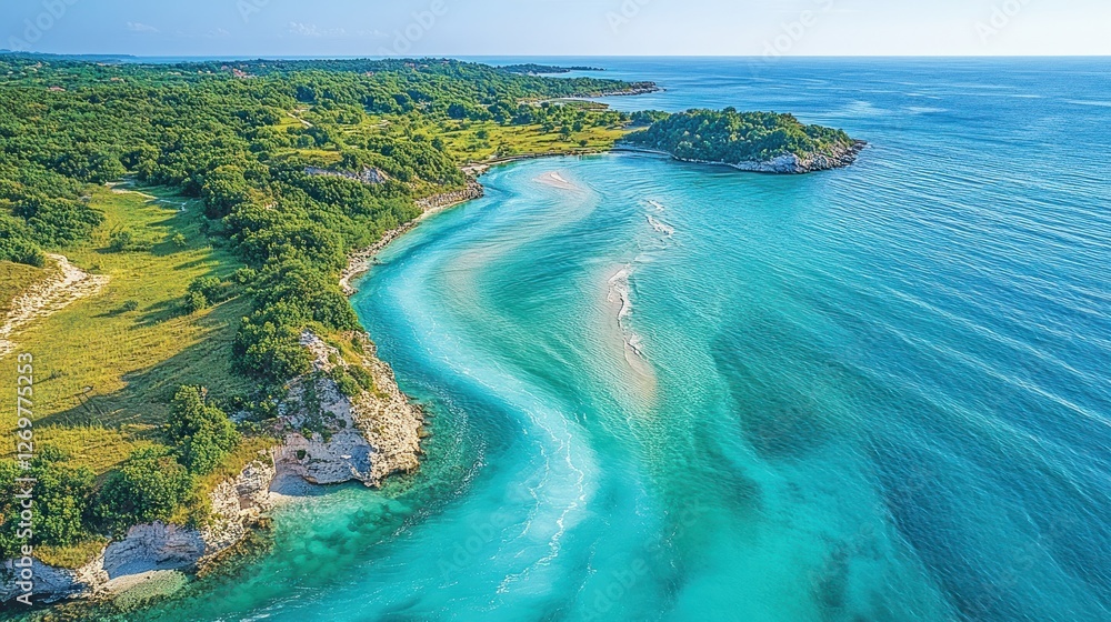 Obraz premium Coastal aerial view turquoise ocean, beach, green hills, sunny day, travel brochure