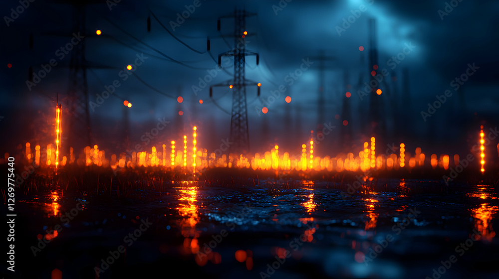 Obraz premium Futuristic Urban Landscape With Illuminated Power Lines and Electricity Pylons Under a Dark Blue Sky Reflecting on Water