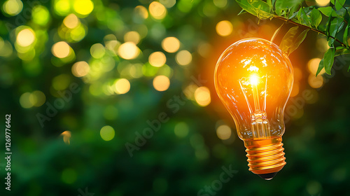 Glowing Light Bulb Hanging from Green Leaves Illustrating an Eco Energy Concept on a Bright Sunny Day