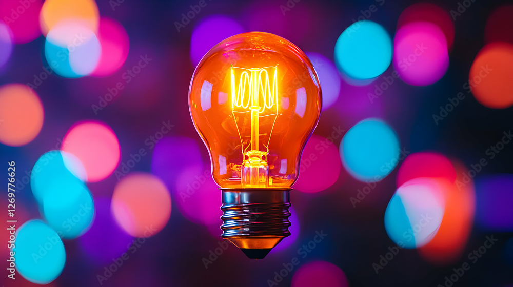 Glowing Light Bulb with Orange Filament on Dark Background with Colorful Bokeh Circles Glowing Light Bulb with Orange Filament on Dark Background with Colorful Bokeh Circles