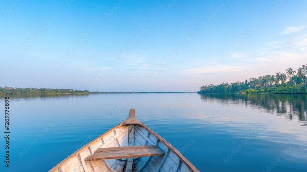 Obraz premium Wooden boat on calm lake, serene morning landscape, tranquil view, travel