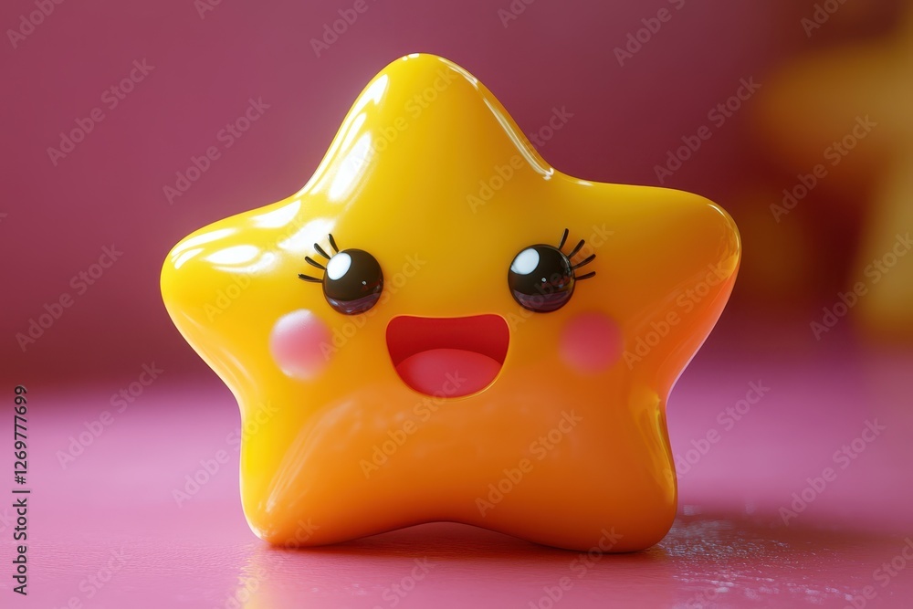 Bright yellow star-shaped toy with a smiling face on a pink background in a playful setting Bright yellow star-shaped toy with a smiling face on a pink background in a playful setting