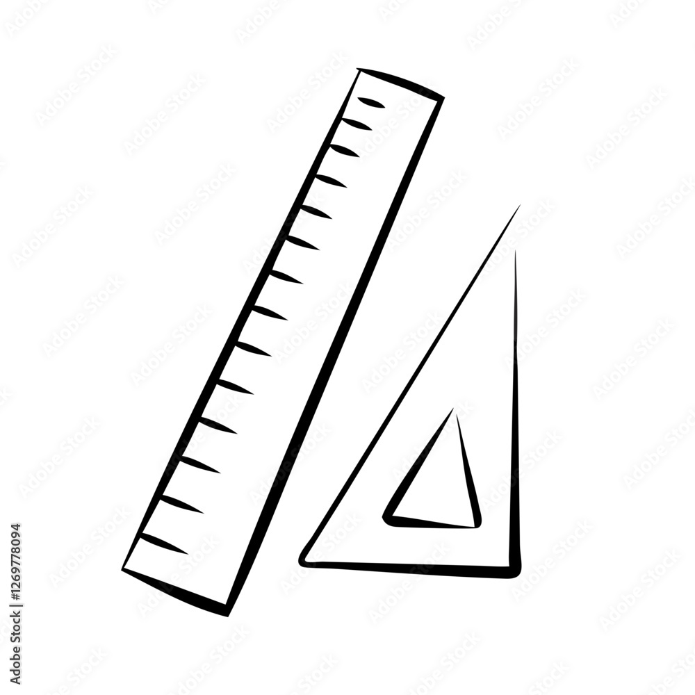 Black and white sketch of geometric ruler and set square for mathematics design. Black and white sketch of geometric ruler and set square for mathematics design.