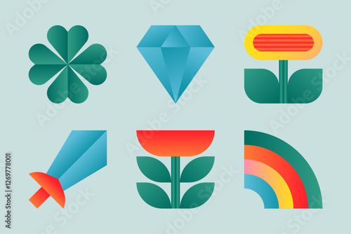 Set of symbolic icons with flower, sword, diamond, rainbow and clover. Geometric and colorful concepts for agriculture or role playing games. Vector illustrations.