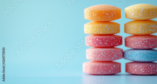 A stack of colorful pills is balanced on top of each other against the backdrop of a light blue surface, creating an attractive and visually appealing composition