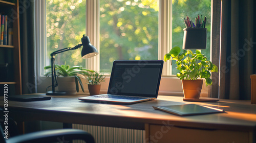 Wallpaper Mural Cozy Home Office Setup with Laptop and Plants Torontodigital.ca