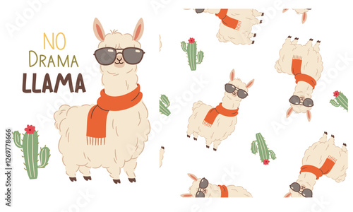 Set of flat vector illustrations for printing on children's products. Seamless vector pattern and print for printing. Cute llama with sunglasses, inscription . Vector illustration
