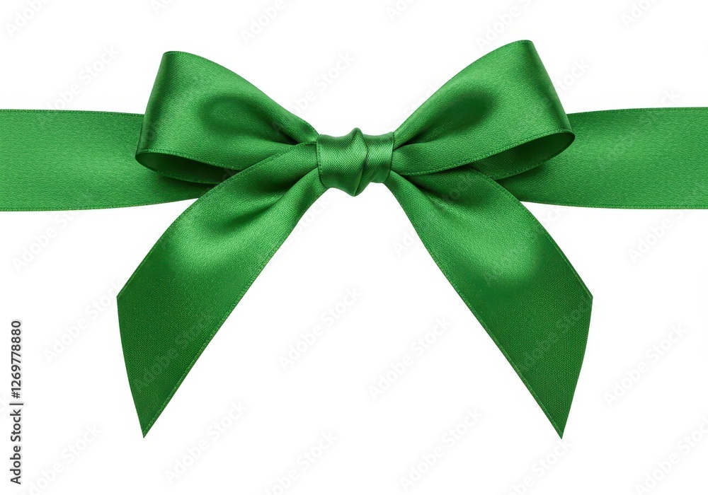 A shiny green satin ribbon tied into a decorative bow isolated on a white background A shiny green satin ribbon tied into a decorative bow isolated on a white background