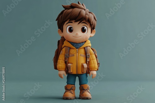 Young boy wearing a yellow jacket with a backpack posing indoors against a solid backdrop