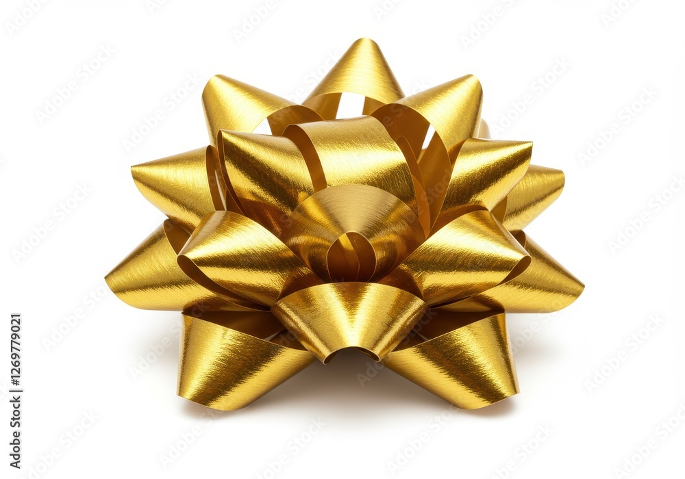 A metallic gold gift bow with a glossy finish isolated on a white background A metallic gold gift bow with a glossy finish isolated on a white background