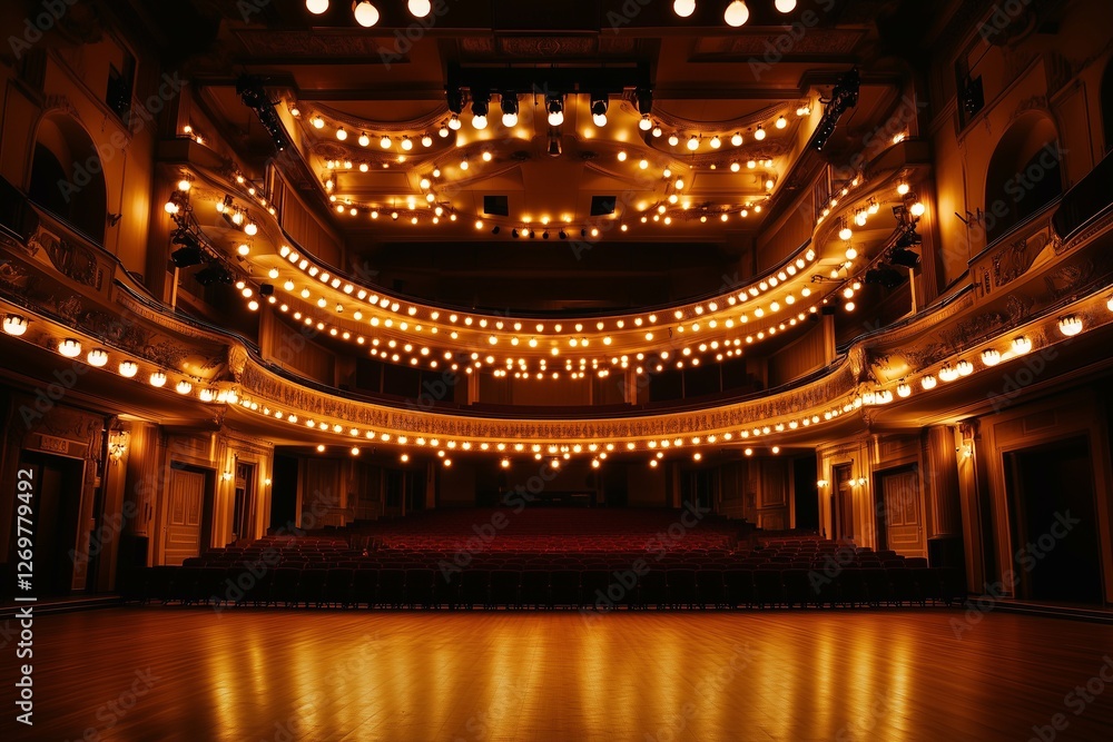 Obraz premium Bright lights illuminate the interior of a grand theater, highlighting its elegant architecture. The warm glow sets a captivating ambiance for an evening performance, silent yet inviting.