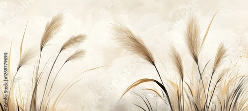 Neutral Watercolor Pampas Grass, Romantic Textured Background, Vintage Beige Botany Art