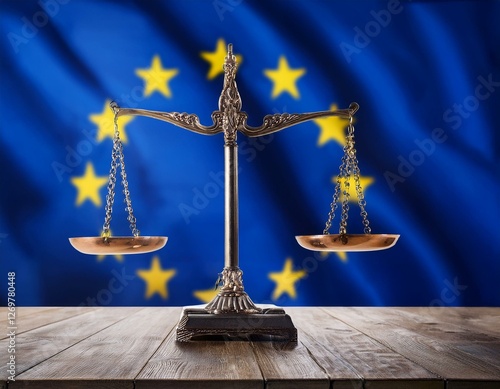 balance de la justice devant le drapeau européen, justice d'europe en ia photo