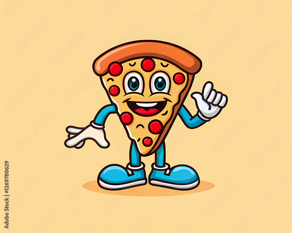 Cartoon pizza slice character with blue shoes and smiling face / Rebanada de pizza caricatura con zapatos azules y cara sonriente Cartoon pizza slice character with blue shoes and smiling face / Rebanada de pizza caricatura con zapatos azules y cara sonriente