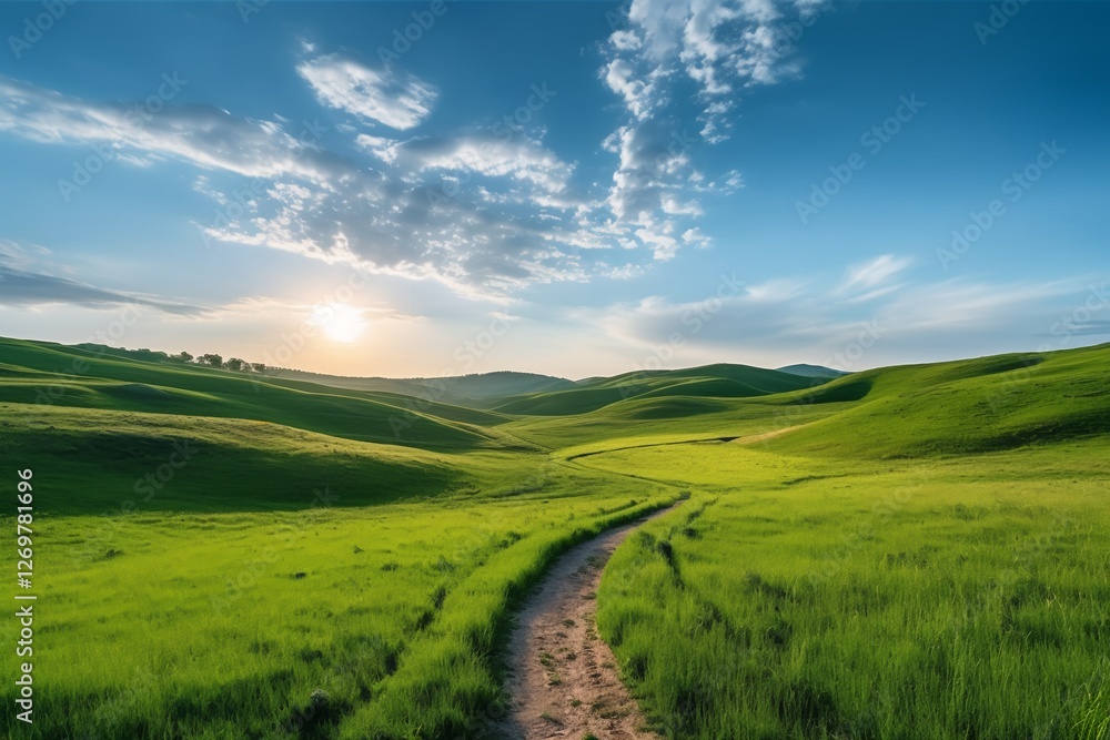 Obraz premium Serene Countryside Path: A winding dirt road meanders through rolling green hills under a vibrant blue sky, the sun casting a warm golden light. The landscape is idyllic and peaceful.