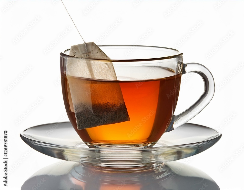 tasse de thé transparente, avec un sachet en train d'infuser en ia tasse de thé transparente, avec un sachet en train d'infuser en ia