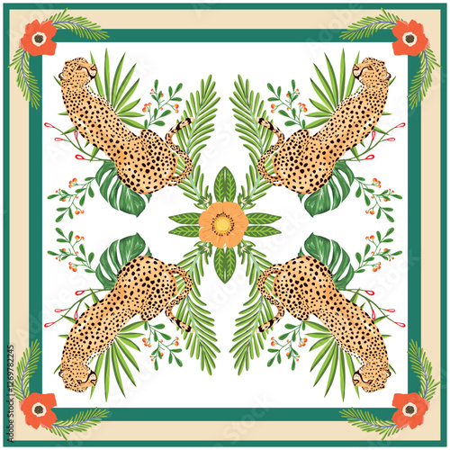 Beautiful square printed scarf, For stylized leopard intertwined with green leaves and flowers, framed in a colorful border, create a tropical pattern.