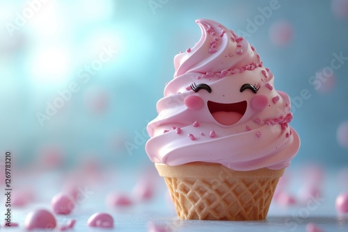 Wallpaper Mural Cute pink ice cream cone with a smiling face surrounded by pink sprinkles on a bright, colorful background Torontodigital.ca