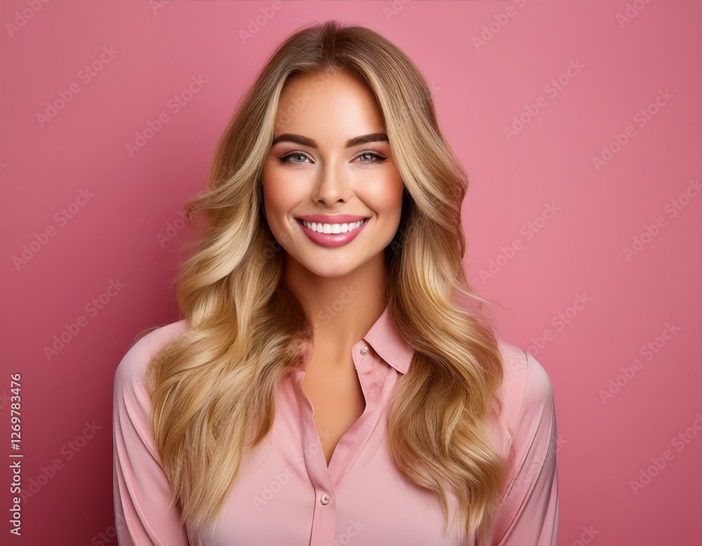Generated image Photo of a beautiful woman with long blonde hair, wearing an elegant blouse and smiling softly Generated image Photo of a beautiful woman with long blonde hair, wearing an elegant blouse and smiling softly