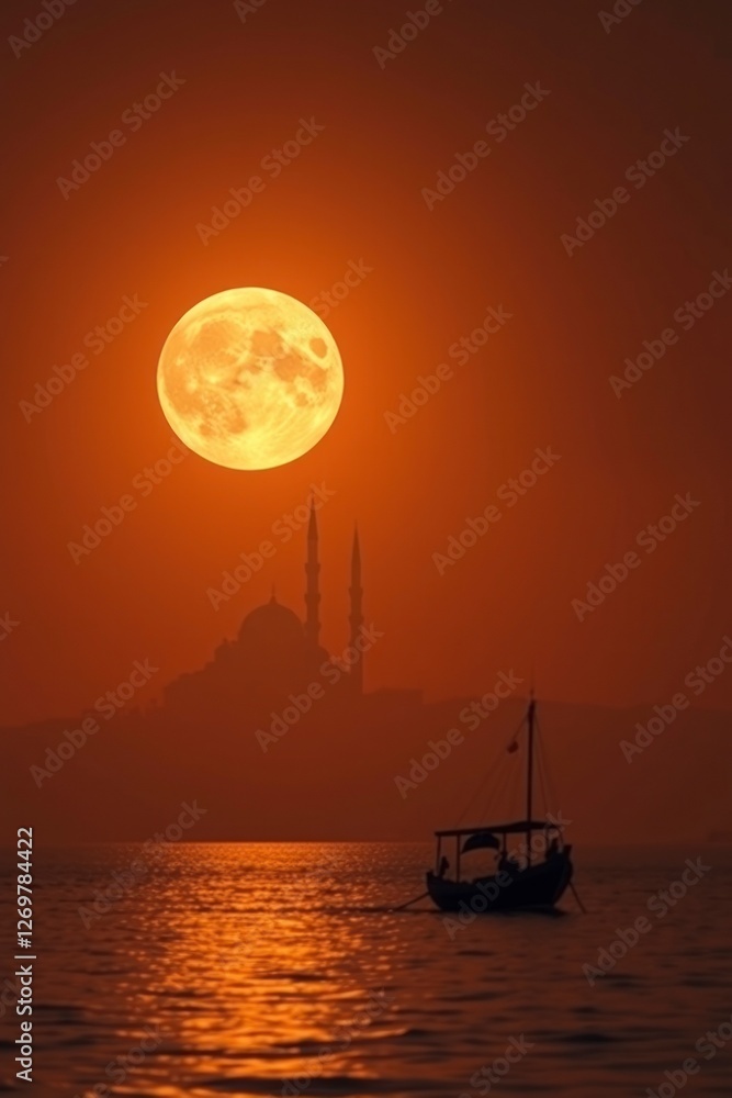 Serene Sunset Moonlit Landscape with Boat and Mosque Serene Sunset Moonlit Landscape with Boat and Mosque