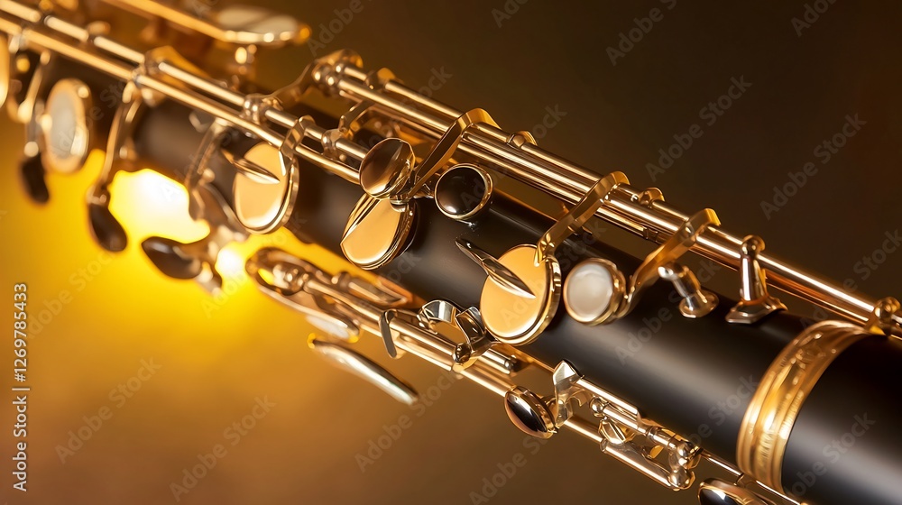 Naklejka premium Detailed close up of a clarinet with soft yellow lighting and a gradient background