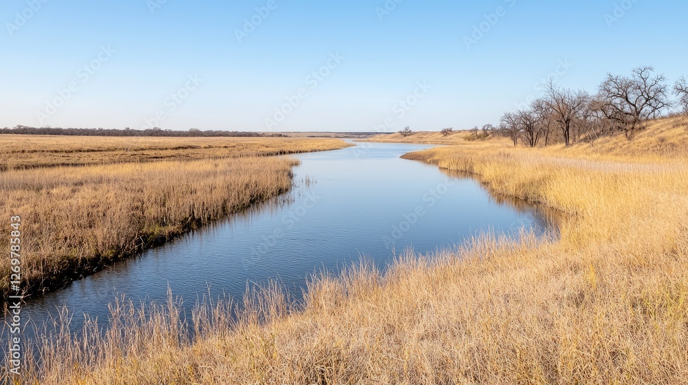 Scenic River Winding Through Golden Plains Scenic River Winding Through Golden Plains