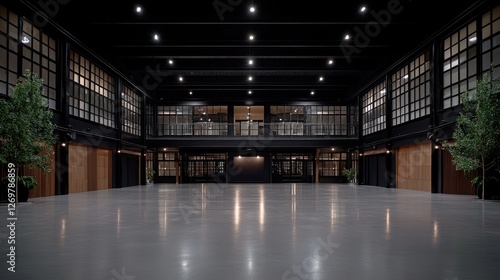 Wallpaper Mural Modern industrial event space interior, polished floor, large windows, trees Torontodigital.ca