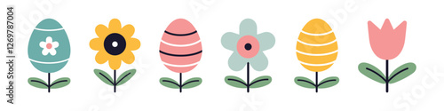 Vector set of colorful flowers and easter eggs in flat design. Collection with various floral designs in a cartoon style. Perfect for easter spring decorations, greeting cards, and festive designs.